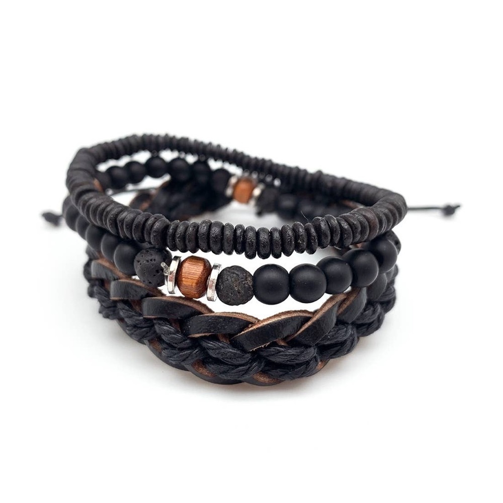 Men's Layered Black Leather Bracelet